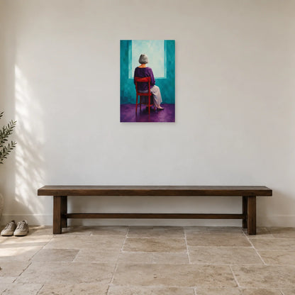 Grey-haired woman seen from behind on a red chair before a turquoise opening poster displayed above a low wooden bench in a bright entrance hall