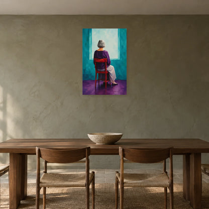 Grey-haired woman seen from behind on a red chair before a turquoise opening poster displayed above a rectangular wooden dining table with a bowl and wooden chairs against an olive wall