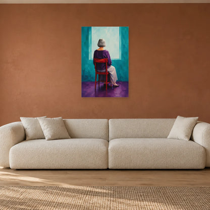 Grey-haired woman seen from behind on a red chair before a turquoise opening poster displayed above a cream sofa against a terracotta wall