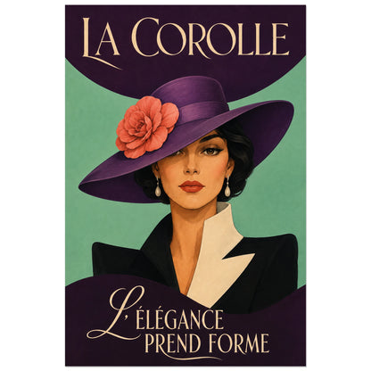 Affiche Femme au chapeau, la corolle, portrait de mode illustré, inspiration art déco verticale, format 30 × 45 cm
