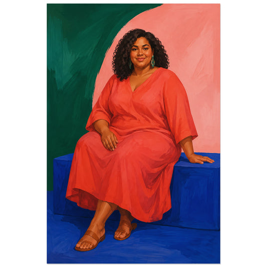 Femme assise en robe corail sur banc bleu, affiche 30 × 45 cm