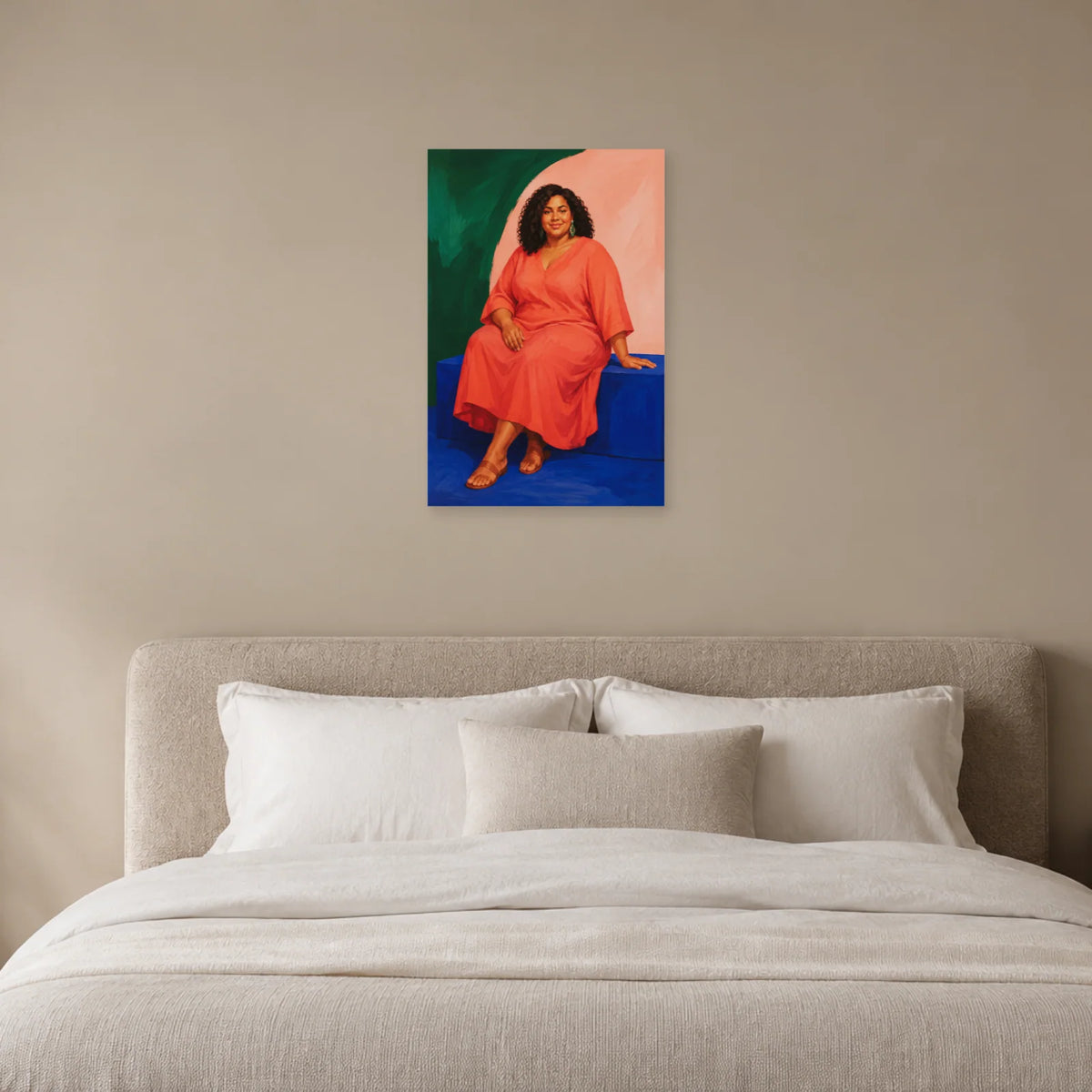Affiche Femme aux courbes, douceur assumée dans une chambre - Art Virtuoso