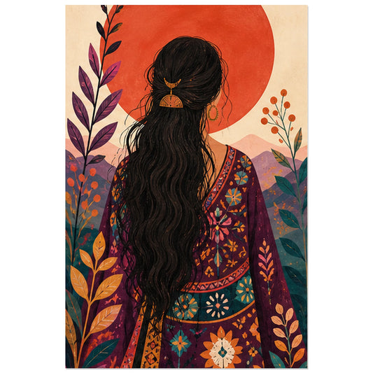 Portrait de dos devant un soleil rouge, affiche 30 × 45 cm