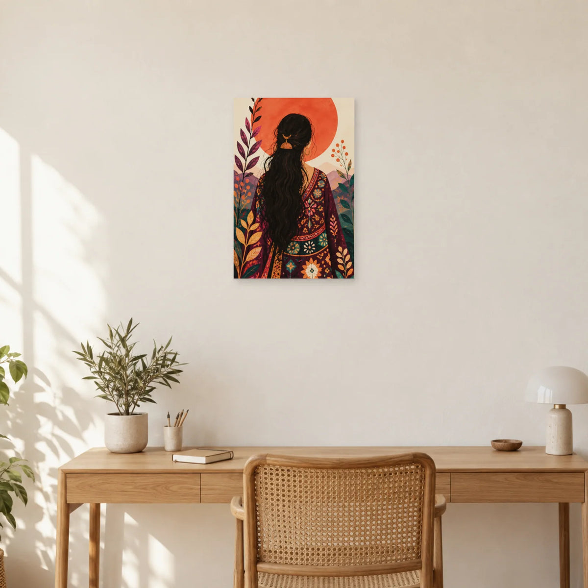 Affiche Femme bohème devant le soleil dans un bureau - Art Virtuoso