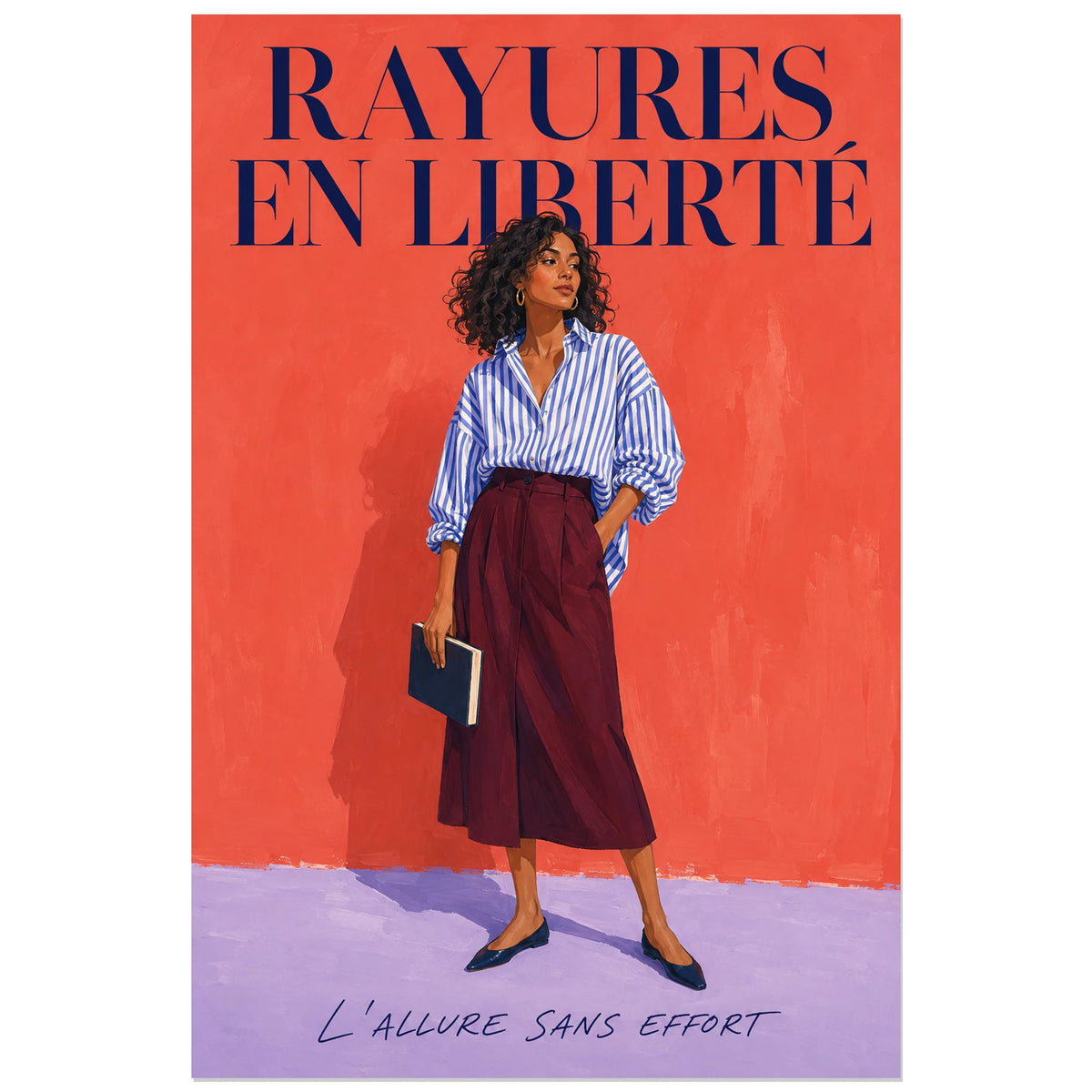 Affiche Femme mode, rayures en liberté, illustration de mode contemporaine à la gouache verticale, format 40 × 60 cm