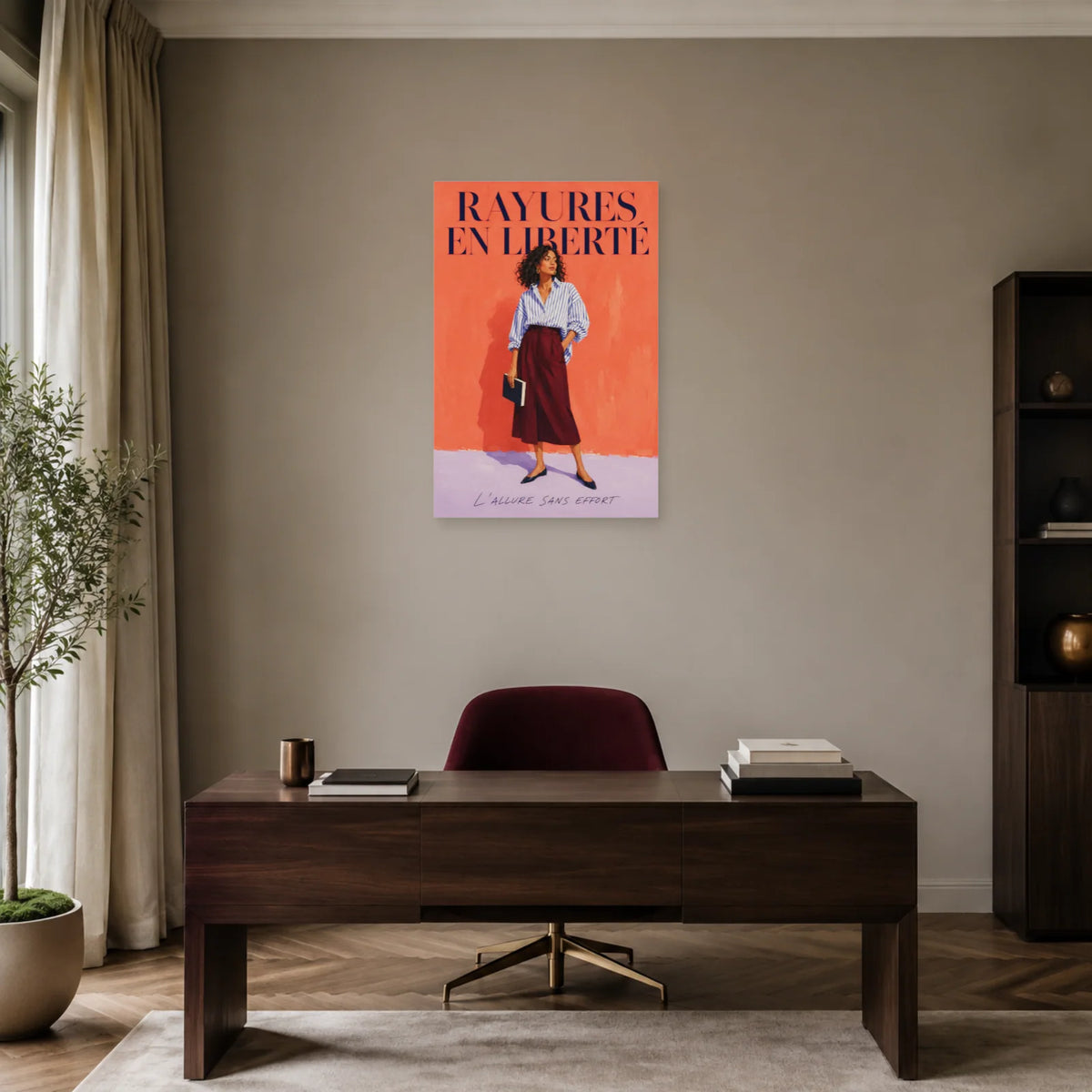 Affiche Femme mode, rayures en liberté dans un bureau - Art Virtuoso