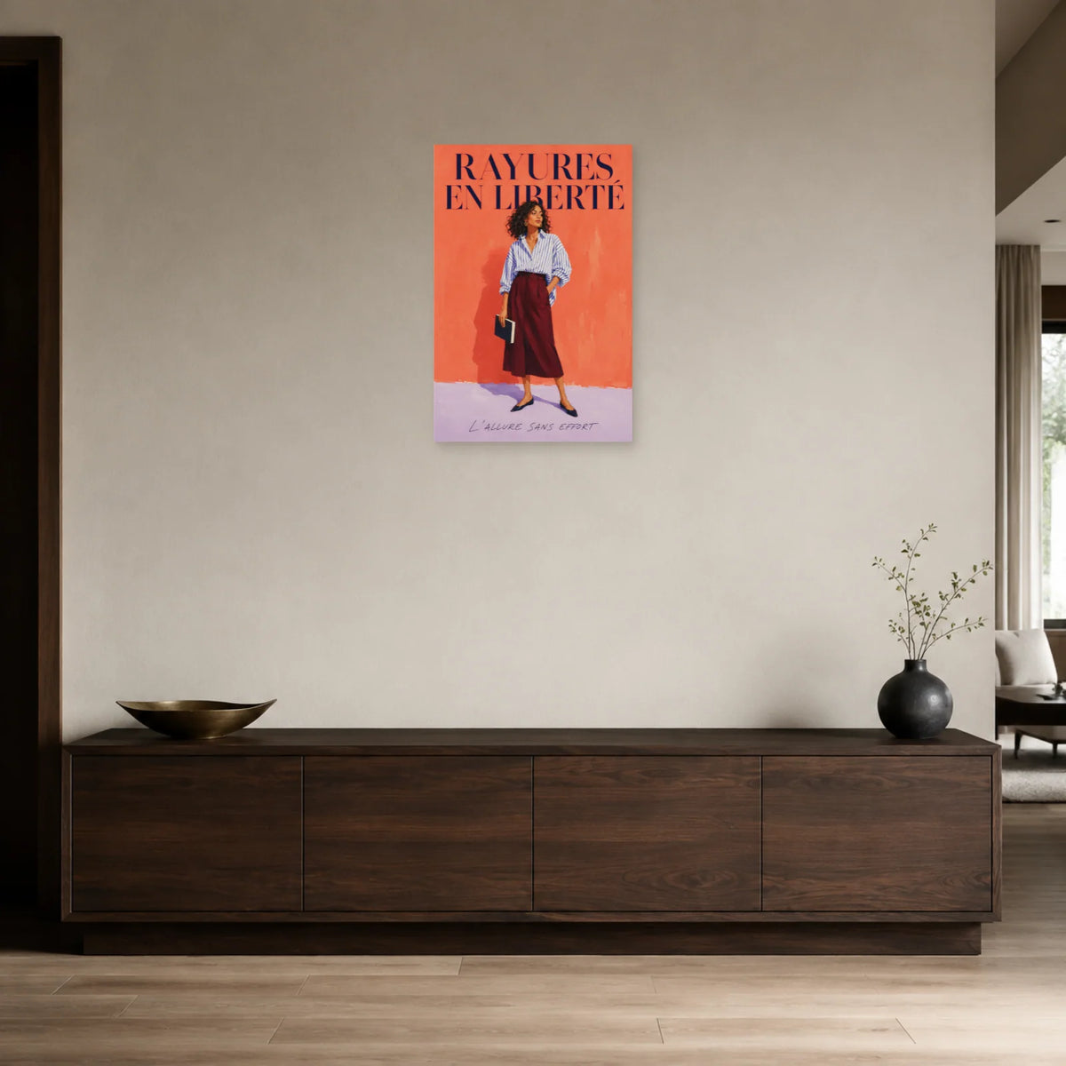 Affiche Femme mode, rayures en liberté dans une entrée ou un couloir - Art Virtuoso