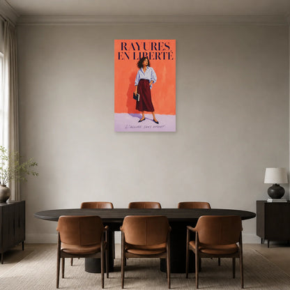 Affiche Femme mode, rayures en liberté dans une salle à manger - Art Virtuoso