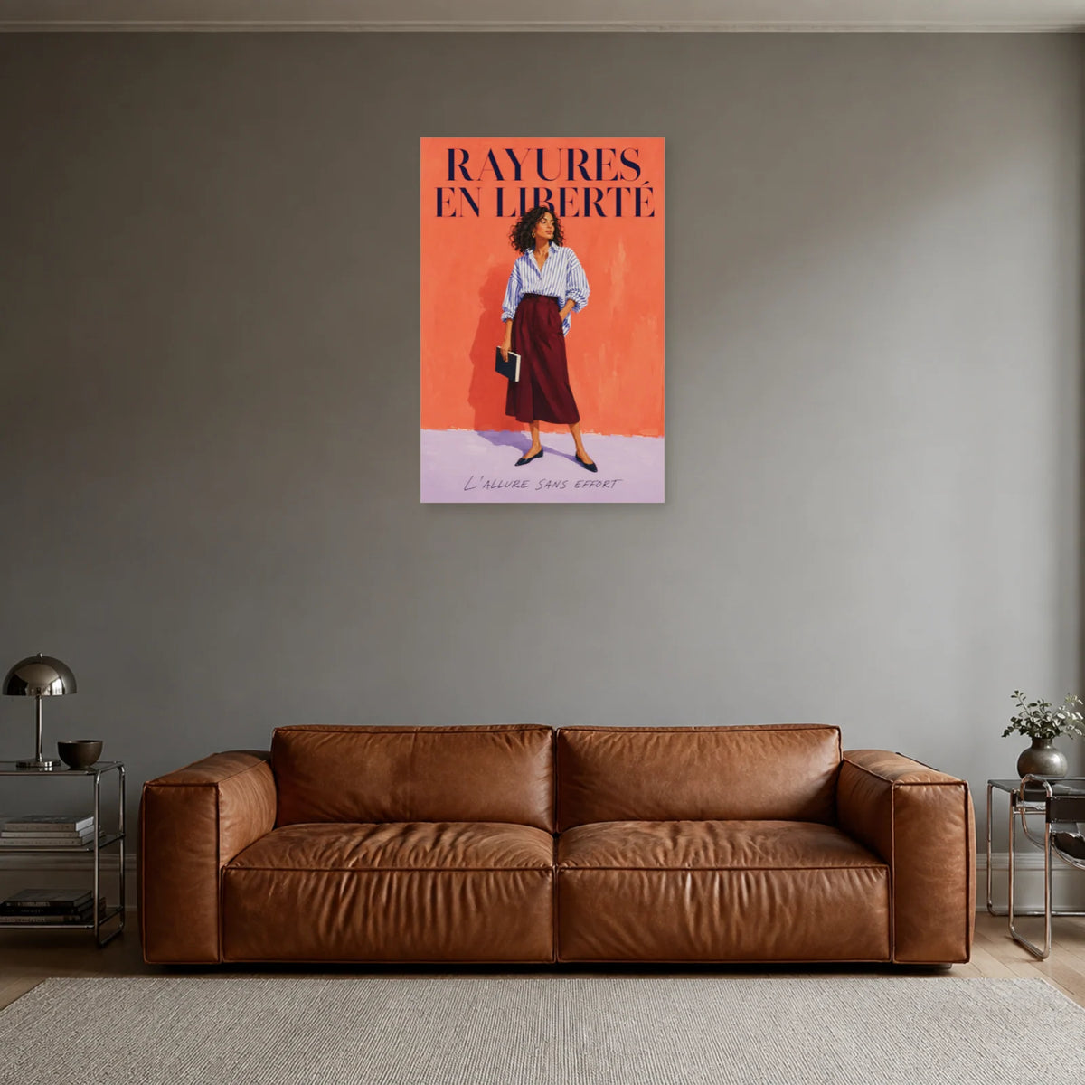 Affiche Femme mode, rayures en liberté dans un salon - Art Virtuoso