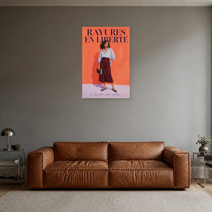Affiche Femme mode, rayures en liberté dans un salon - Art Virtuoso