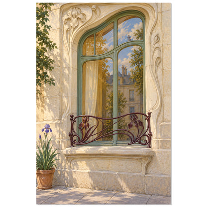Affiche Fenêtre Art Nouveau – Ferronnerie et Iris, illustration architecturale / rendu peint / création numérique verticale, format 30 × 45 cm