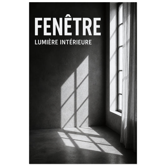 Affiche Fenêtre – Lumière Intérieure, photographie architecturale en clair-obscur verticale, format 30 × 45 cm
