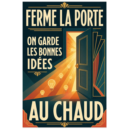 Affiche Ferme la porte – Bonnes idées au chaud, affiche art déco humoristique à architecture graphique verticale, format 30 × 45 cm