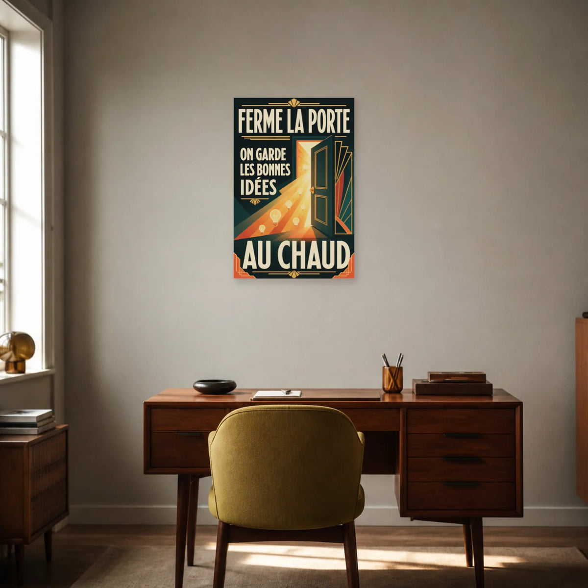 Affiche Ferme la porte – Les bonnes idées au chaud dans un bureau - Art Virtuoso