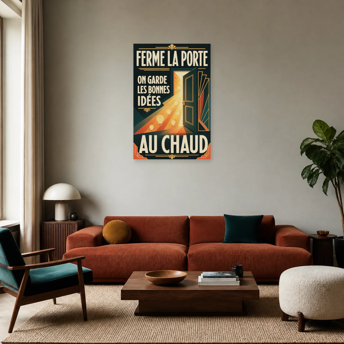 Affiche Ferme la porte – Les bonnes idées au chaud dans un salon - Art Virtuoso