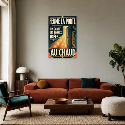 Affiche Ferme la porte – Les bonnes idées au chaud dans un salon - Art Virtuoso