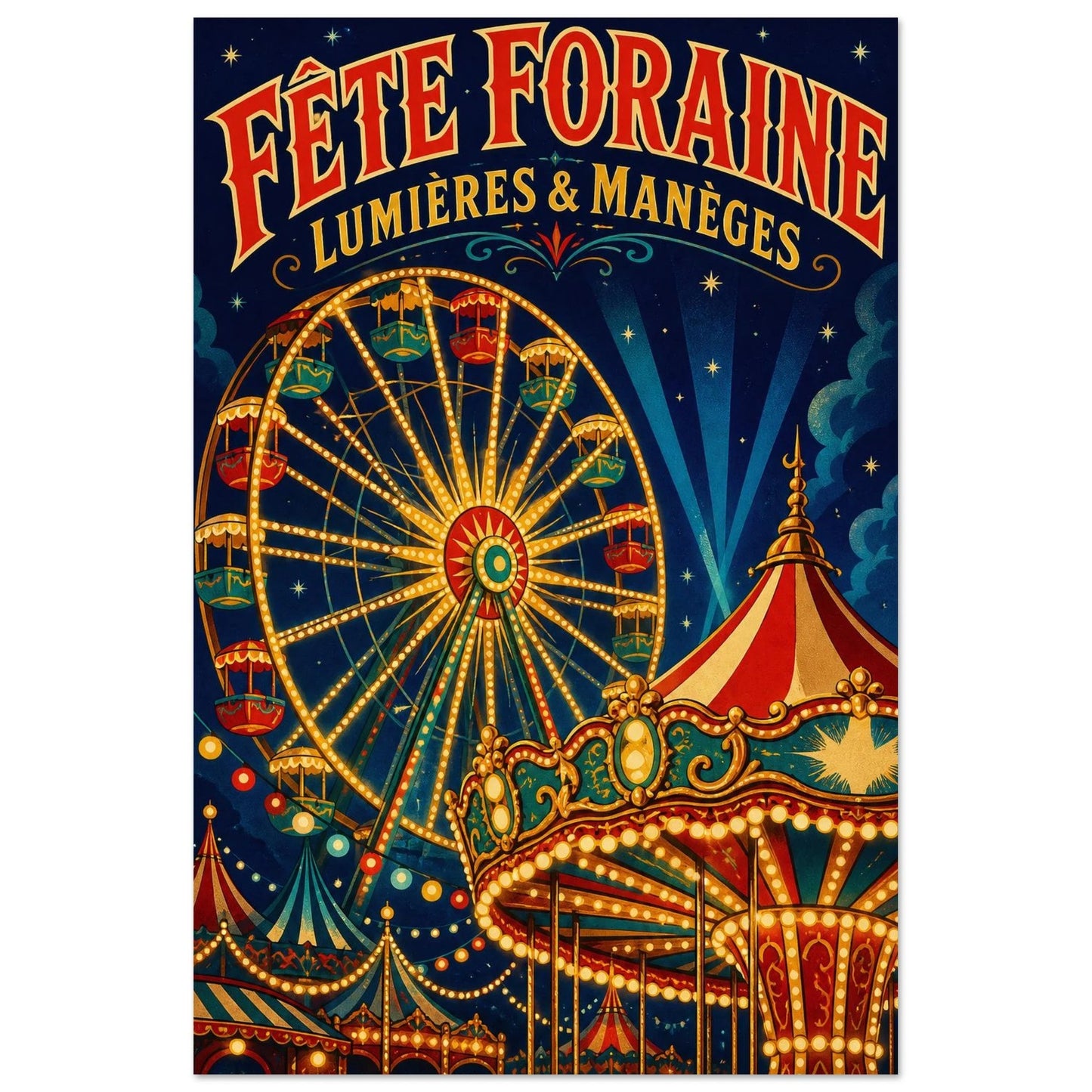 Affiche Fête Foraine – Lumières & Manèges, lithographie contemporaine verticale, format 40 × 60 cm
