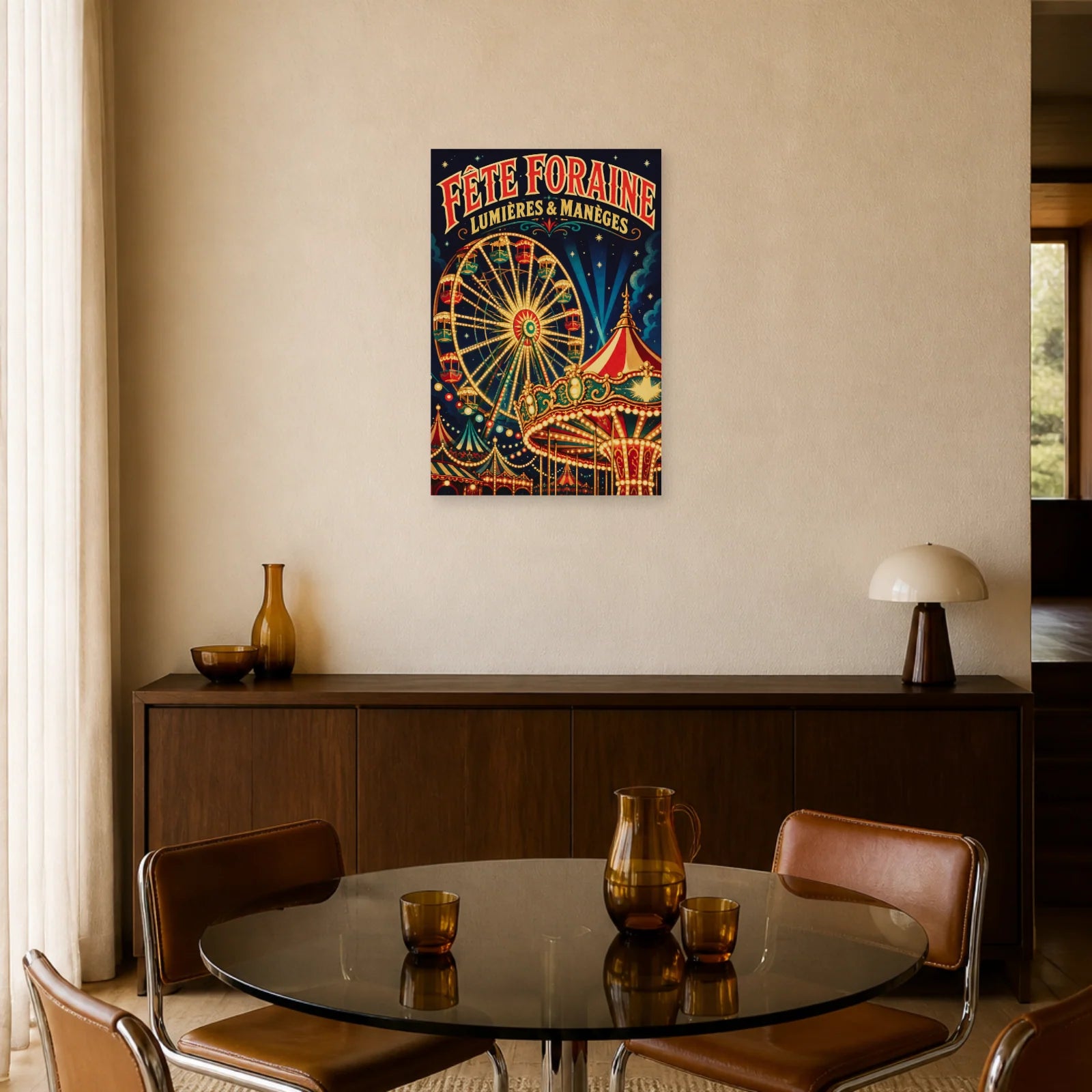 Affiche Fête Foraine – Lumières & Manèges dans une salle à manger - Art Virtuoso