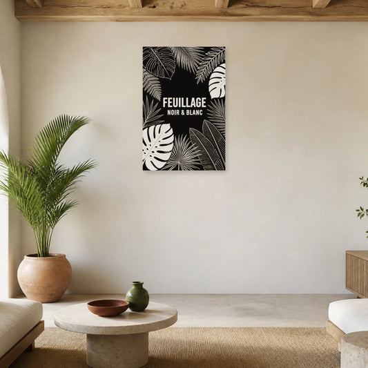 Affiche Feuillage – Noir et blanc dans un salon - Art Virtuoso