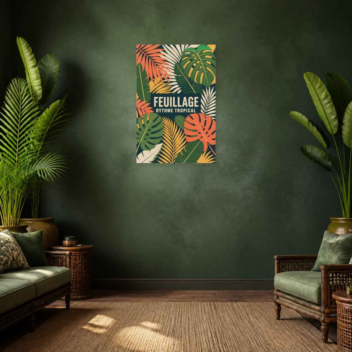 Affiche Feuillage – Rythme tropical dans un salon - Art Virtuoso