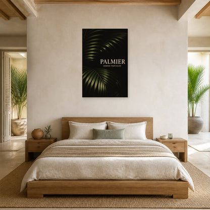 Affiche Feuilles de palmier – Fond noir dans une chambre - Art Virtuoso
