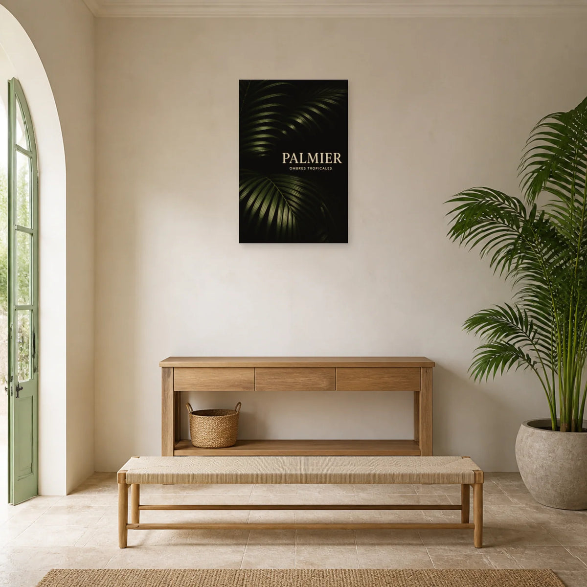 Affiche Feuilles de palmier – Fond noir dans une entrée ou un couloir - Art Virtuoso