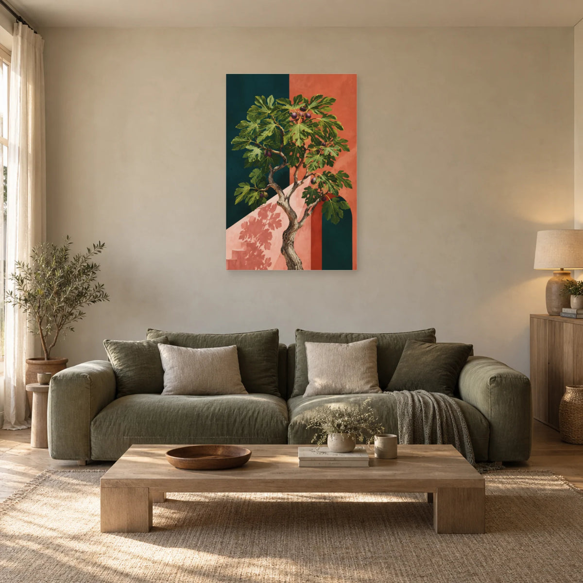 Affiche Figuier – Feuilles terracotta dans un salon - Art Virtuoso