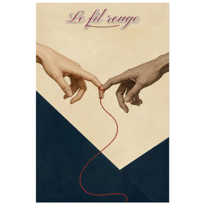 Affiche Le fil rouge - Mains amoureuses, illustration minimaliste conceptuelle aux formes géométriques verticale, format 60 × 90 cm