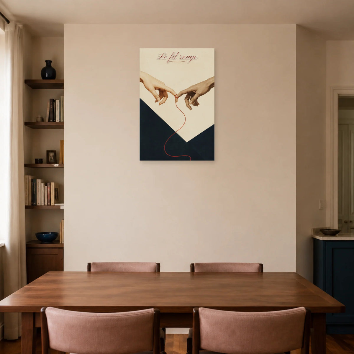 Affiche Le fil rouge - Mains amoureuses dans une salle à manger - Art Virtuoso