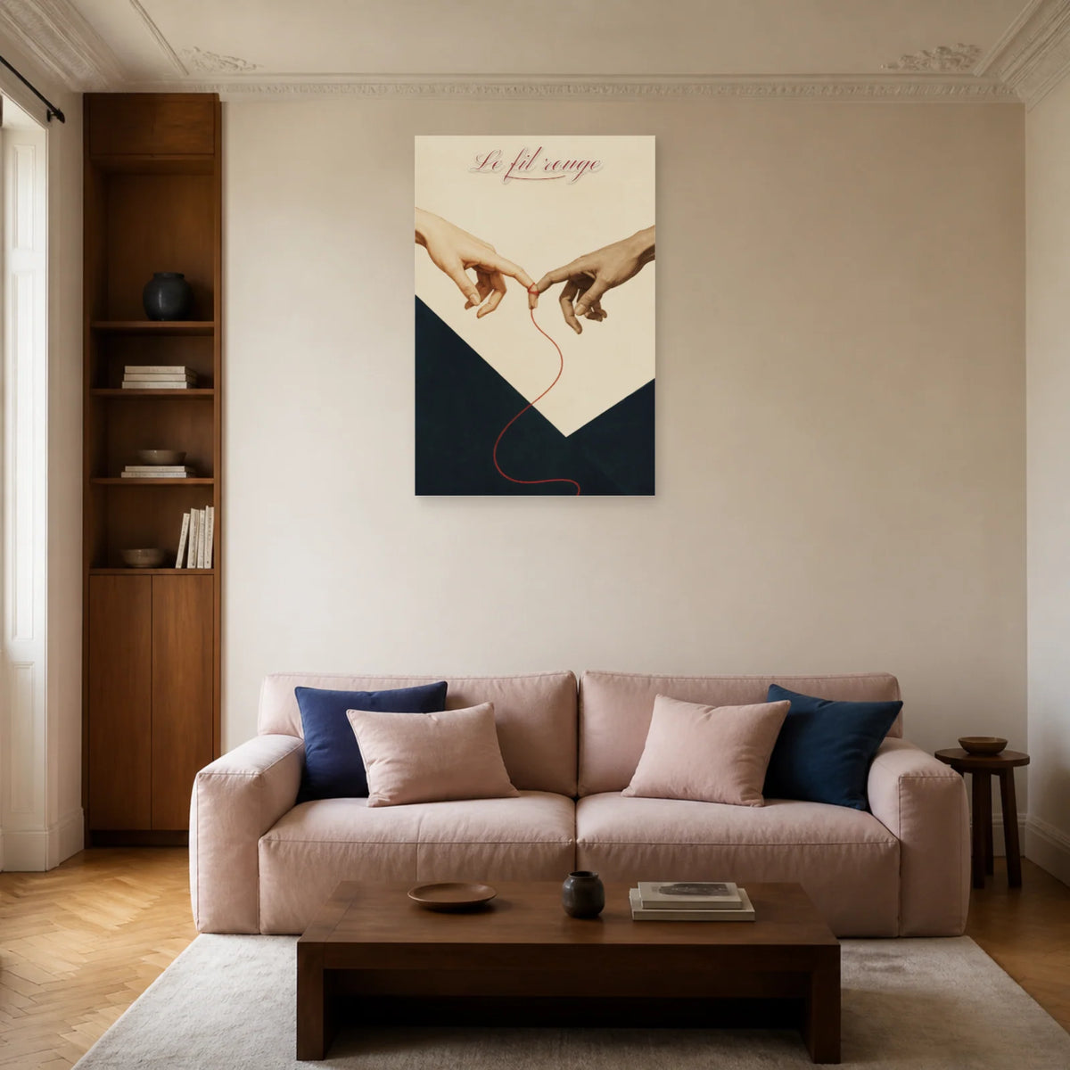 Affiche Le fil rouge - Mains amoureuses dans un salon - Art Virtuoso