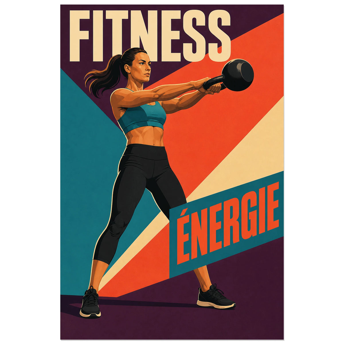 Femme en mouvement avec kettlebell devant elle, affiche 30 × 45 cm