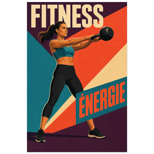 Femme en mouvement avec kettlebell devant elle, affiche 30 × 45 cm