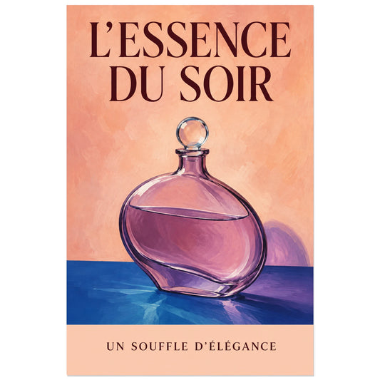 Affiche Flacon de parfum, l’essence du soir, nature morte peinte de parfumerie, composition éditoriale verticale, format 30 × 45 cm