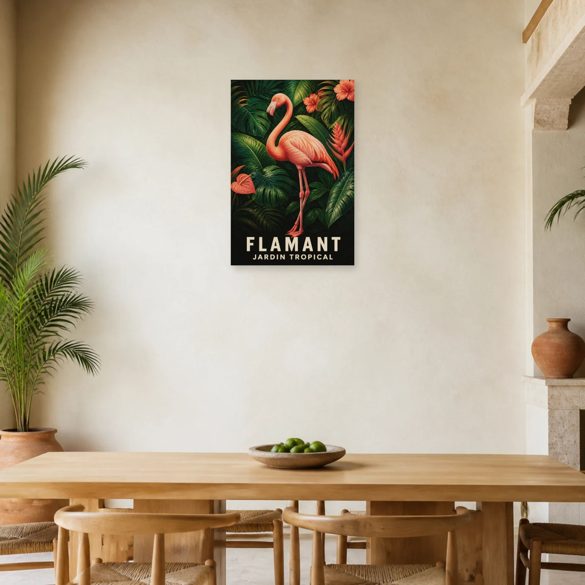 Affiche Flamant – Jardin tropical dans une salle à manger - Art Virtuoso