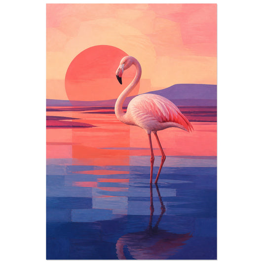 Affiche Flamant rose - Lagune minimaliste, paysage minimaliste moderniste en aplats peints verticale, format 30 × 45 cm