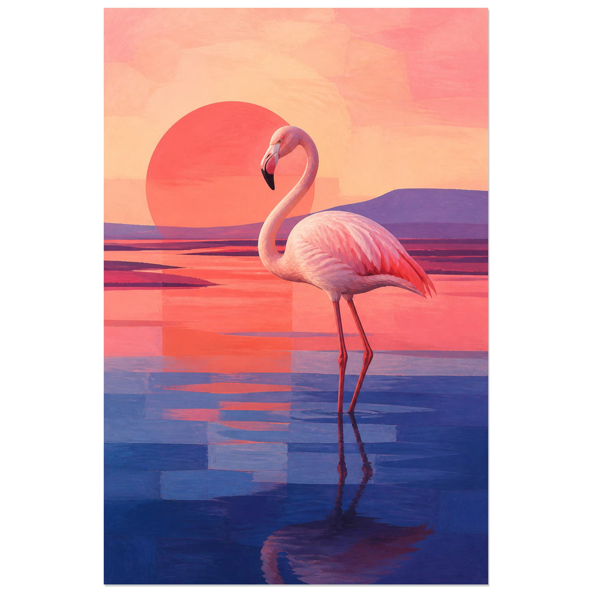 Affiche Flamant rose - Lagune minimaliste, paysage minimaliste moderniste en aplats peints verticale, format 40 × 60 cm