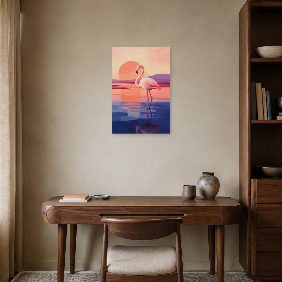 Affiche Flamant rose - Lagune minimaliste dans un bureau - Art Virtuoso