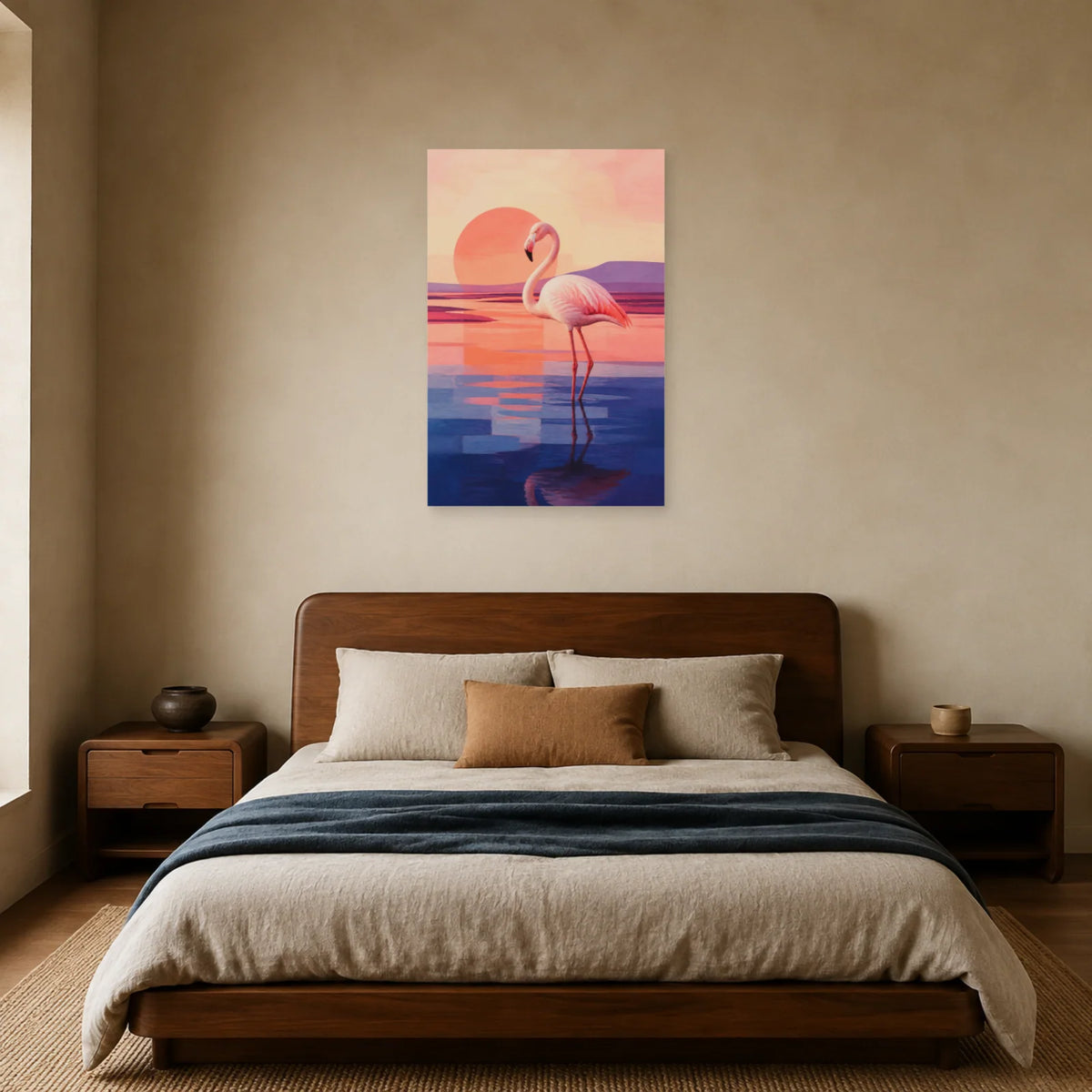Affiche Flamant rose - Lagune minimaliste dans une chambre - Art Virtuoso
