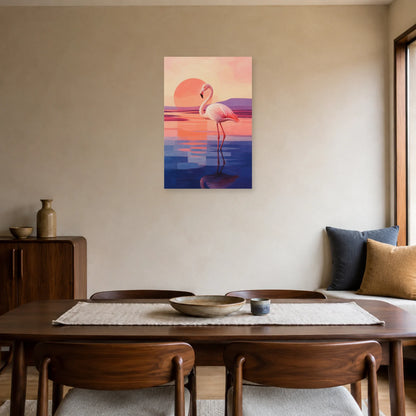 Affiche Flamant rose - Lagune minimaliste dans une salle à manger - Art Virtuoso