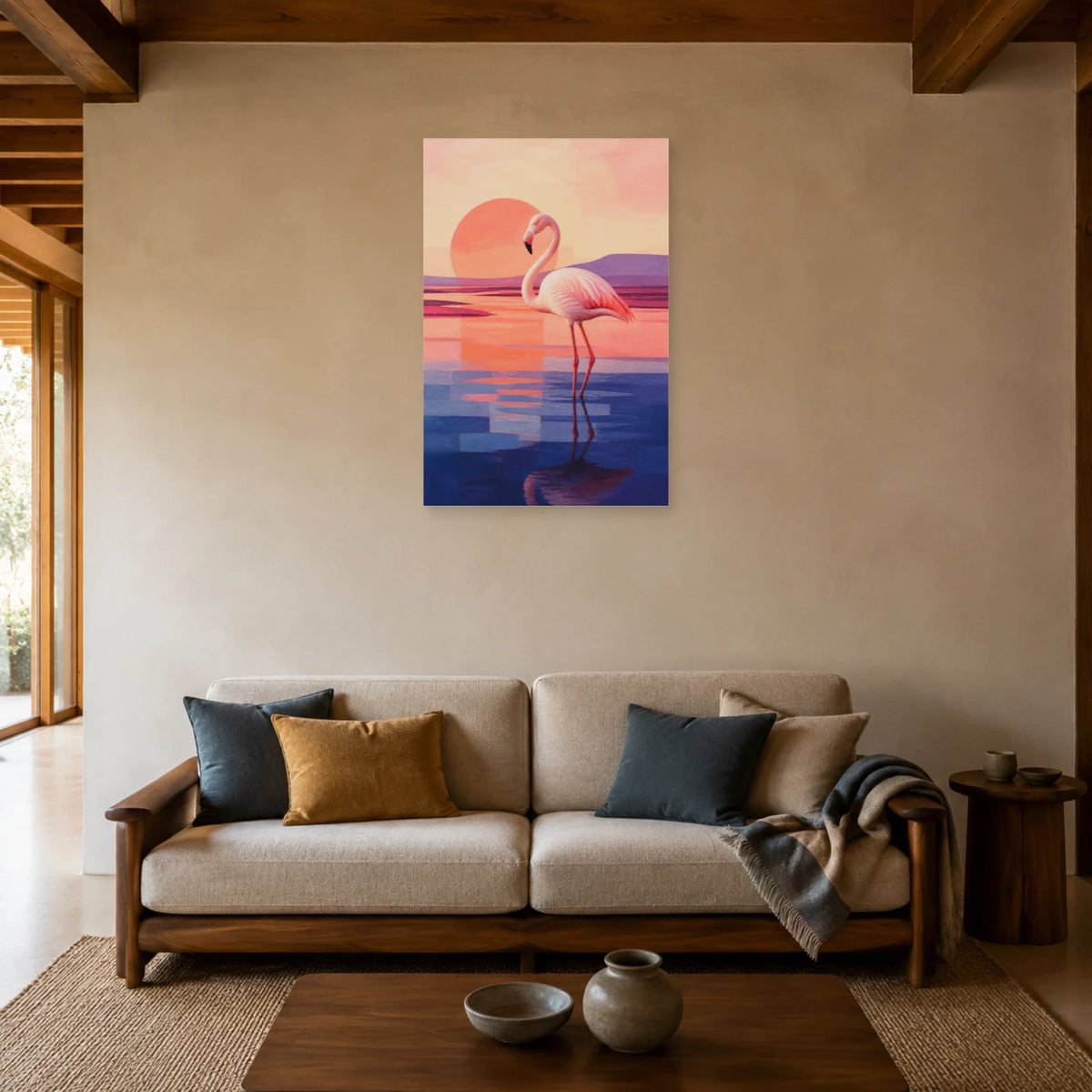 Affiche Flamant rose - Lagune minimaliste dans un salon - Art Virtuoso