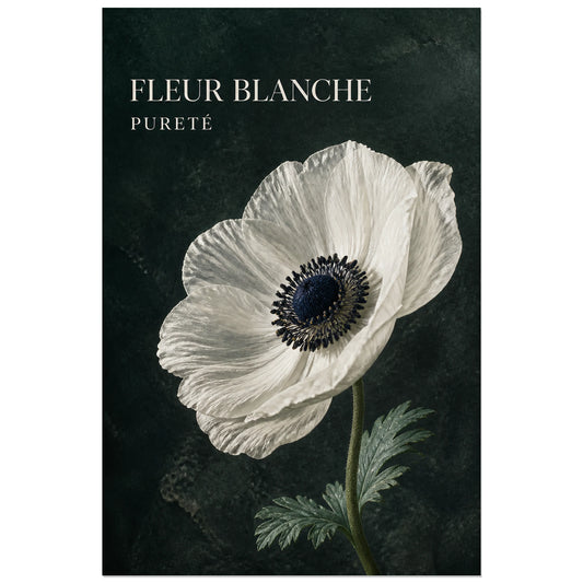 Affiche Fleur Blanche – Pureté, photographie botanique éditoriale verticale, format 30 × 45 cm