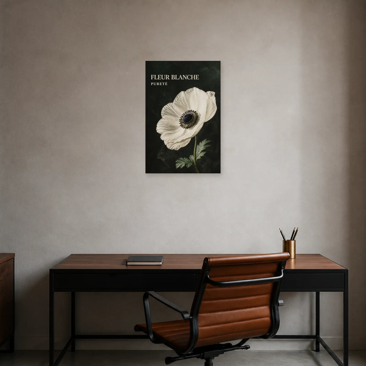 Affiche Fleur Blanche – Pureté dans un bureau - Art Virtuoso