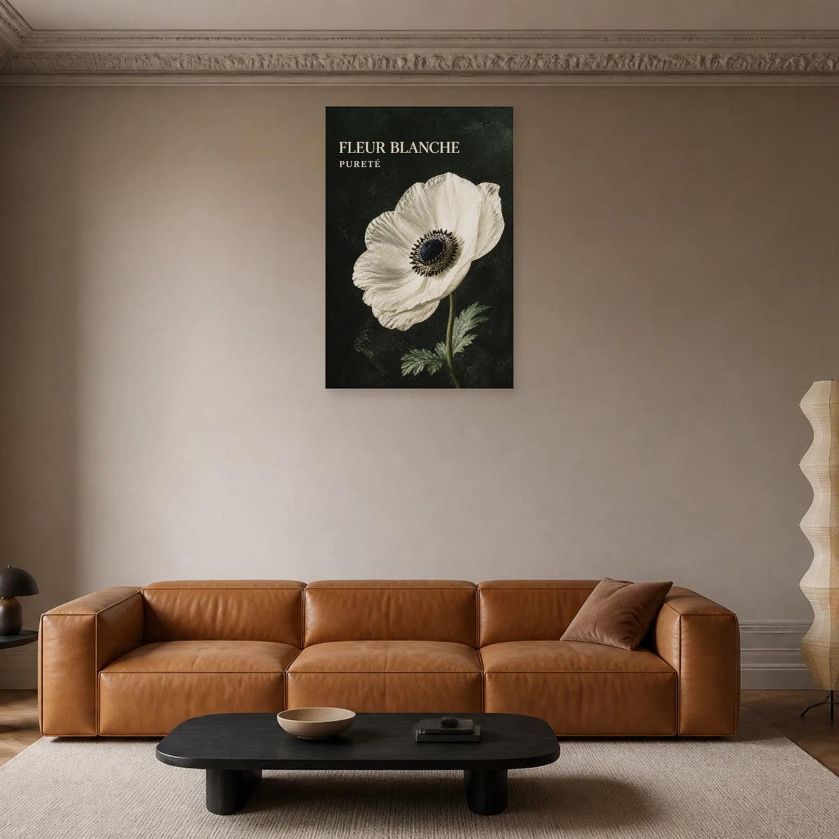 Affiche Fleur Blanche – Pureté dans un salon - Art Virtuoso