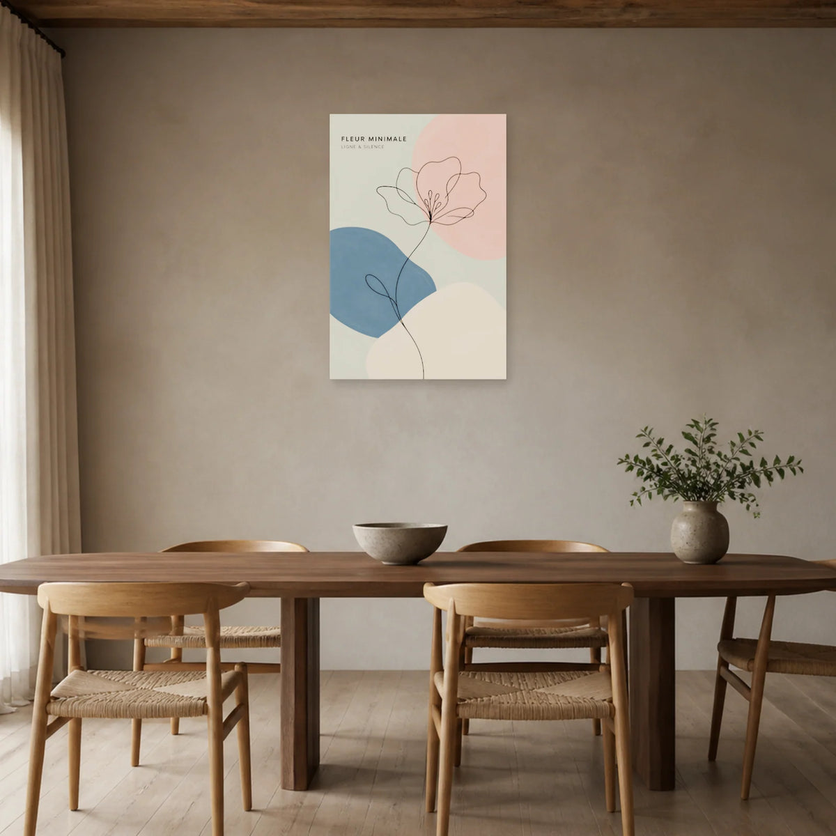 Affiche Fleur Minimale – Ligne & Silence dans une salle à manger - Art Virtuoso