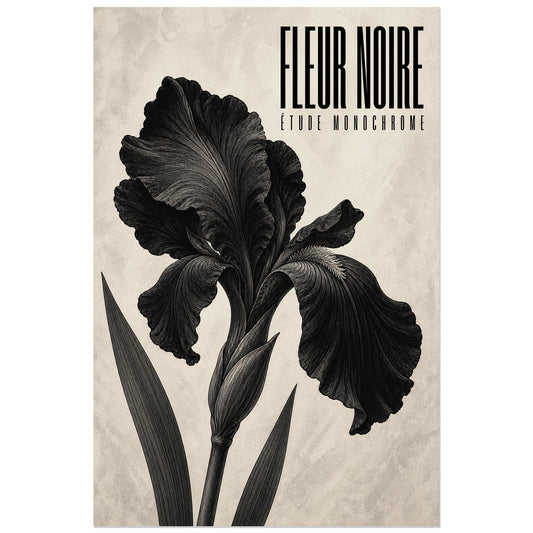 Affiche Fleur Noire – Étude Monochrome, gravure botanique monochrome verticale, format 30 × 45 cm