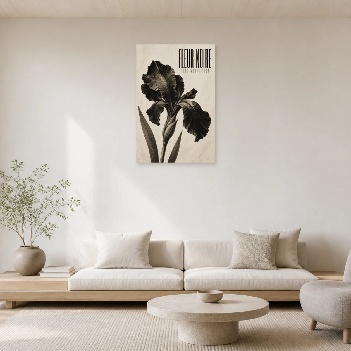 Affiche Fleur Noire – Étude Monochrome dans un salon - Art Virtuoso