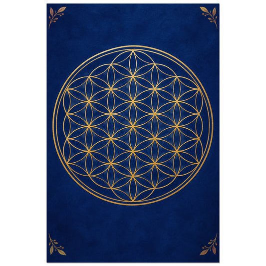 Cercles dorés de fleur de vie sur bleu outremer, affiche 30 × 45 cm