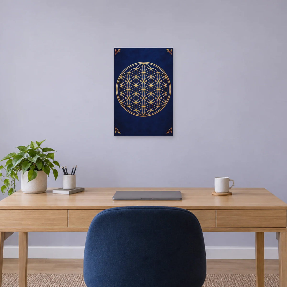 Affiche Fleur de vie - Géométrie dorée dans un bureau - Art Virtuoso