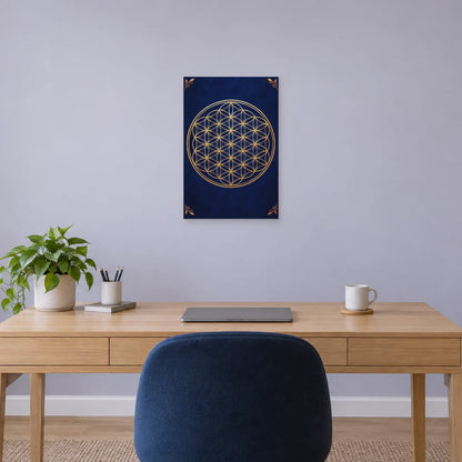 Affiche Fleur de vie - Géométrie dorée dans un bureau - Art Virtuoso