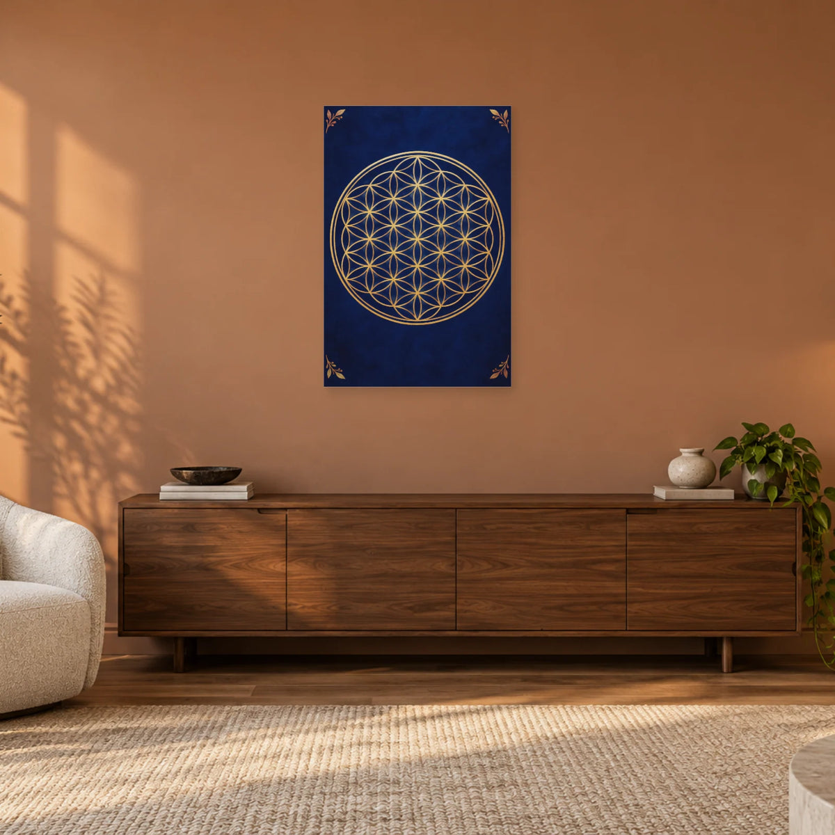 Affiche Fleur de vie - Géométrie dorée dans un salon - Art Virtuoso